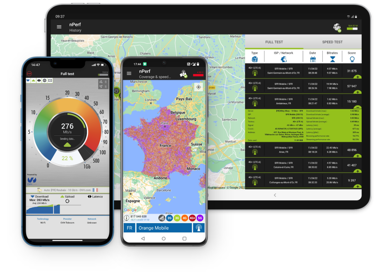 Two smartphones and a tablet displaying snapshots of the nPerf application